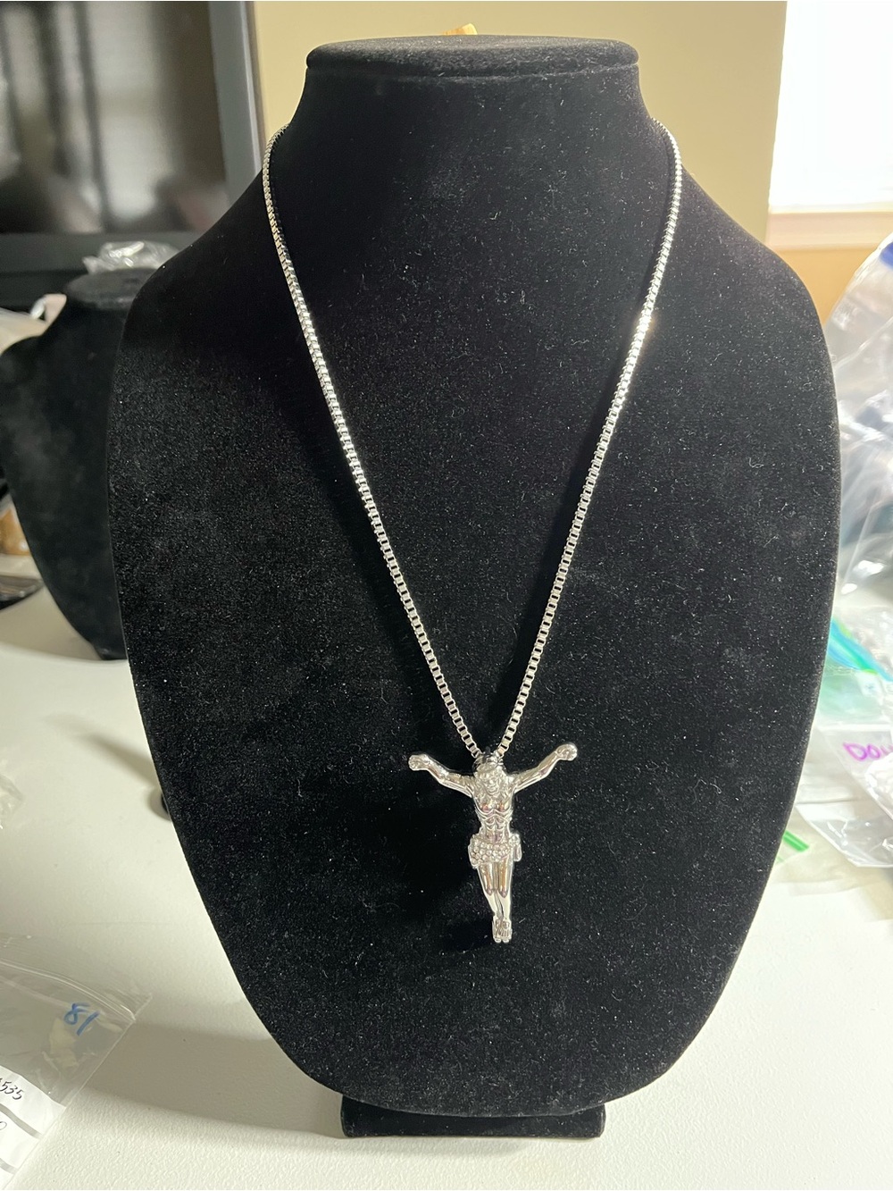 Stainless Steel-Silver Color Men's Crucifix Pendant w/  CZ Accents and Box Chain